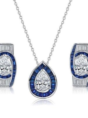 Art Deco Pear Cut Blue Sapphire Necklace and Earrings Jewelry Set in 925 Sterling Silver