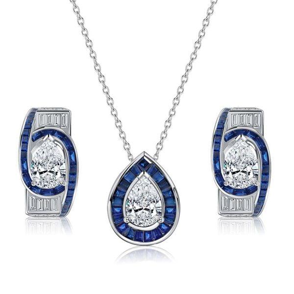 Art Deco Pear Cut Blue Sapphire Necklace and Earrings Jewelry Set in 925 Sterling Silver
