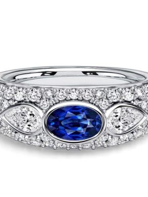 Three Stone Oval Blue Sapphire Sterling Silver Anniversary Band Ring (2.00 CTW)