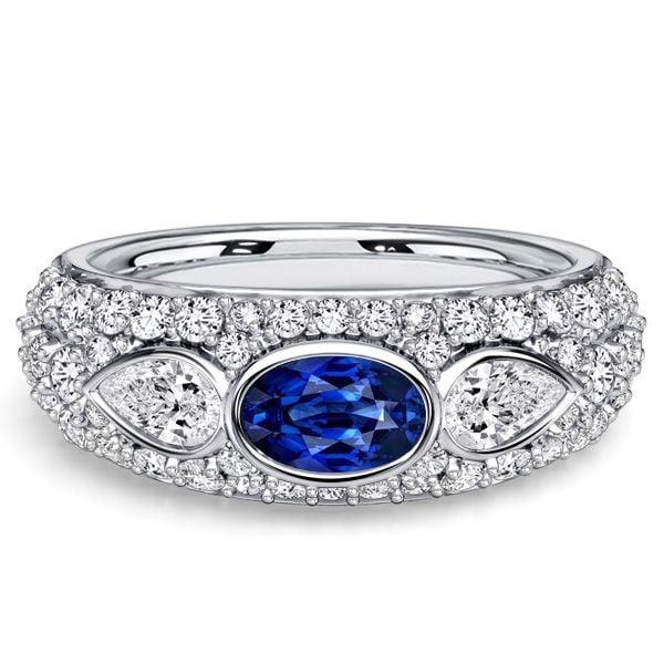 Three Stone Oval Blue Sapphire Sterling Silver Anniversary Band Ring (2.00 CTW)