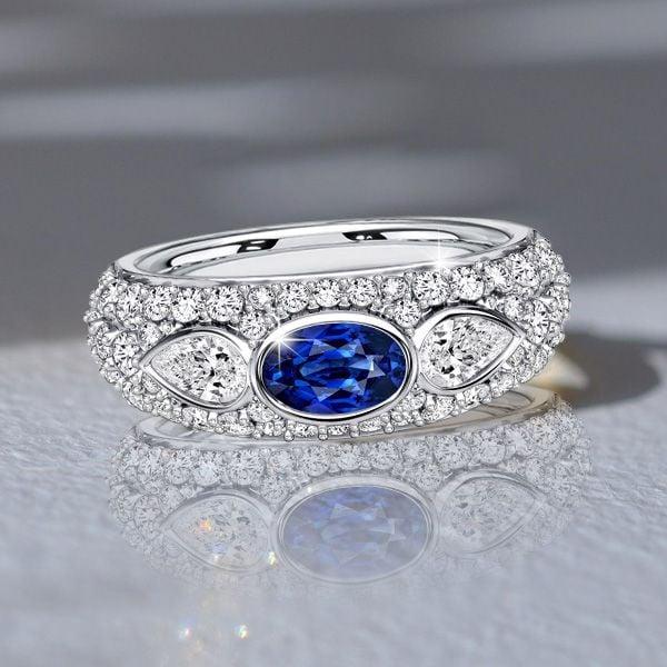 Three Stone Oval Blue Sapphire Sterling Silver Anniversary Band Ring (2.00 CTW)