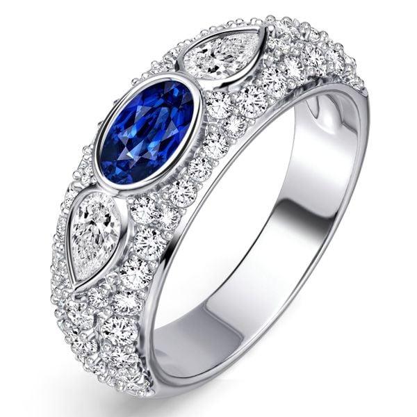 Three Stone Oval Blue Sapphire Sterling Silver Anniversary Band Ring (2.00 CTW)