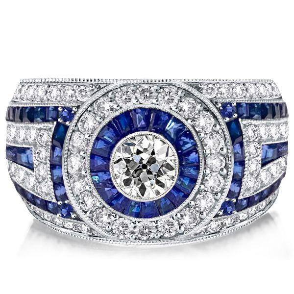 Blue Sapphire Halo Engagement Ring - Vintage Milgrain Sterling Silver