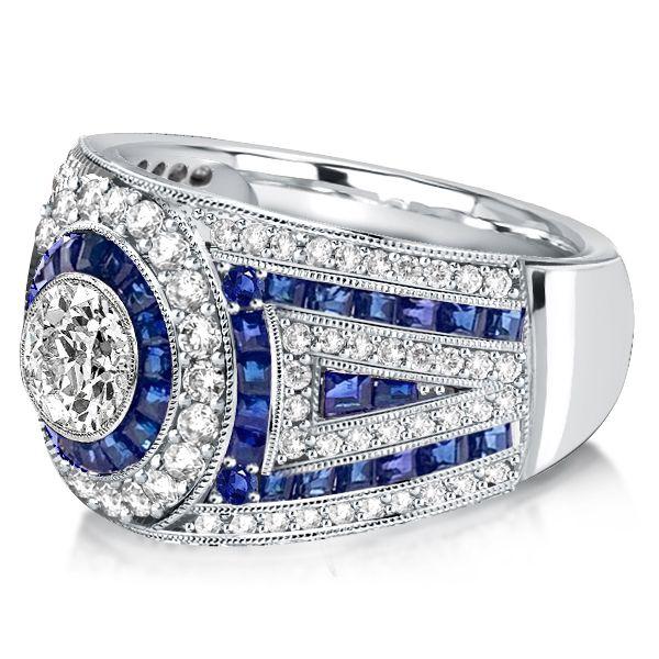 Blue Sapphire Halo Engagement Ring - Vintage Milgrain Sterling Silver
