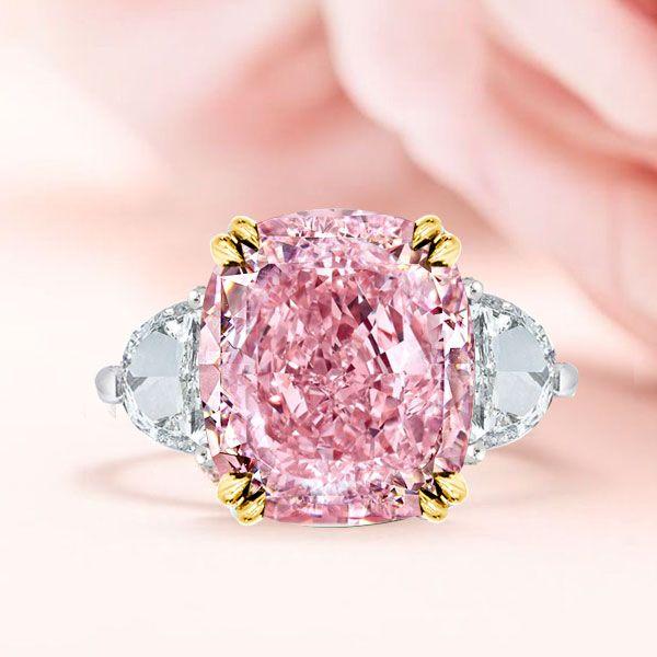Two-Tone Sterling Silver Cushion Cut Pink Topaz Three Stone Engagement Ring