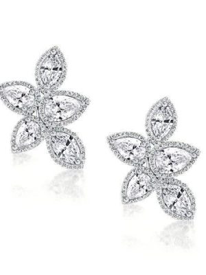 Pear Cut Silver Flower Earrings - Sterling Silver Studs