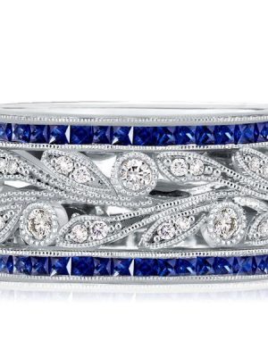 Round Cut White & Blue Sapphire Wedding Band in Sterling Silver