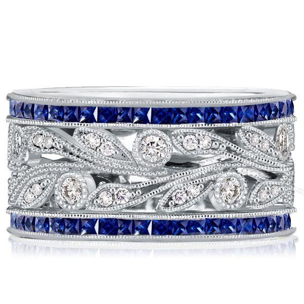 Round Cut White & Blue Sapphire Wedding Band in Sterling Silver