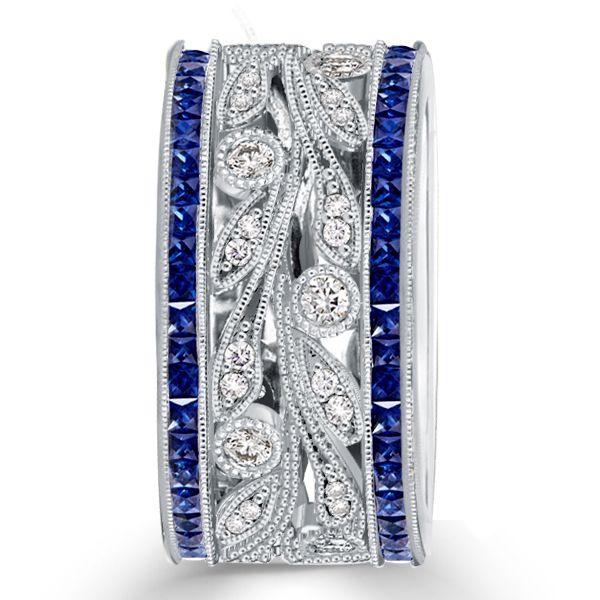 Round Cut White & Blue Sapphire Wedding Band in Sterling Silver