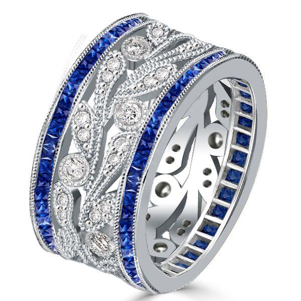 Round Cut White & Blue Sapphire Wedding Band in Sterling Silver