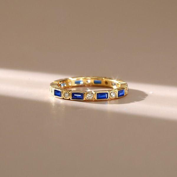Baguette Blue Sapphire Eternity Wedding Band in Sterling Silver with Gold Plating Options