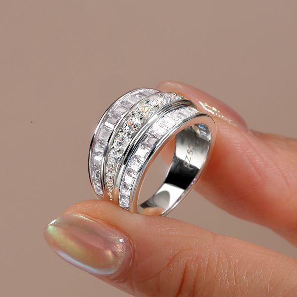 Triple Row White Sapphire Wedding Band - Sterling Silver Anniversary Ring