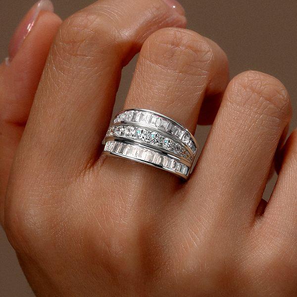 Triple Row White Sapphire Wedding Band - Sterling Silver Anniversary Ring