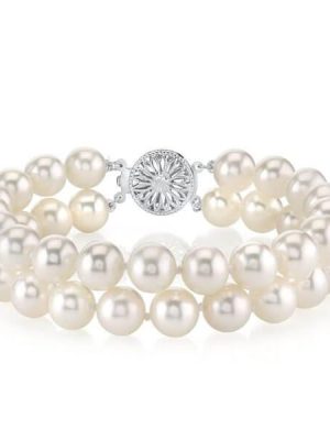 Double Row White Pearl Bracelet - 925 Sterling Silver, 9mm Pearls