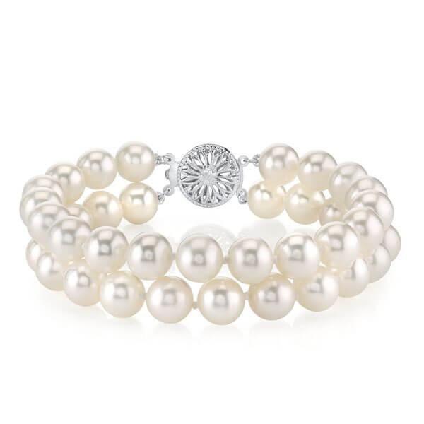 Double Row White Pearl Bracelet - 925 Sterling Silver, 9mm Pearls