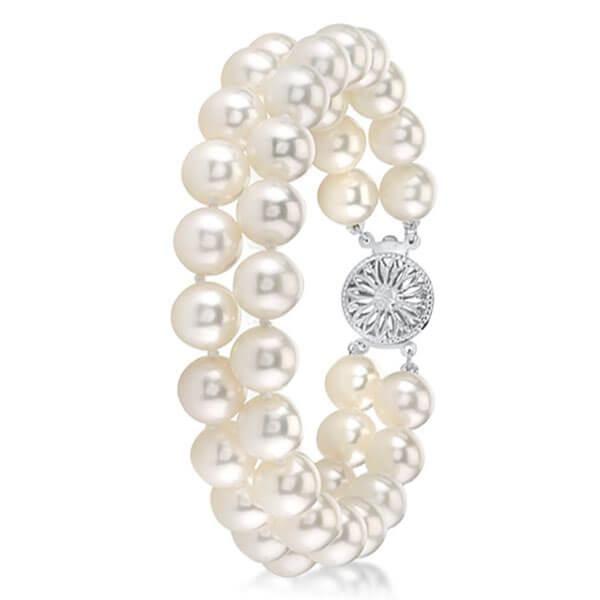 Double Row White Pearl Bracelet - 925 Sterling Silver, 9mm Pearls