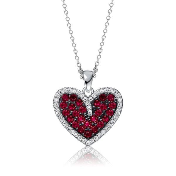 Two-Tone Garnet Heart Pendant Necklace for Women in Rhodium-Plated Sterling Silver