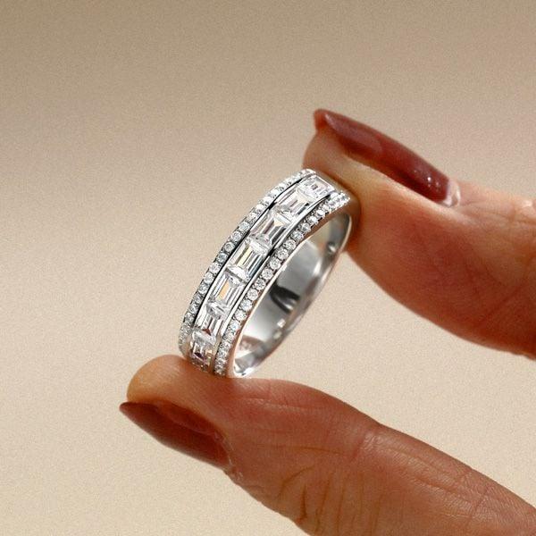 Channel Set Emerald Cut Half Eternity Wedding Band in Sterling Silver with 1.38 CT. TW. Accents