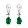 Sterling Silver Pear Cut Emerald & Pearl Drop Earrings with Rhodium Finish