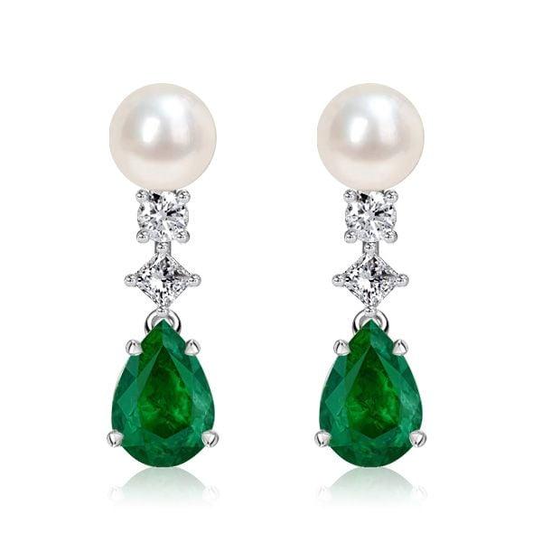 Sterling Silver Pear Cut Emerald & Pearl Drop Earrings with Rhodium Finish
