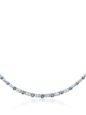 Blue Topaz Baguette and Round Cut Bezel Set Necklace in Rhodium-Plated Sterling Silver