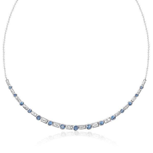 Blue Topaz Baguette and Round Cut Bezel Set Necklace in Rhodium-Plated Sterling Silver