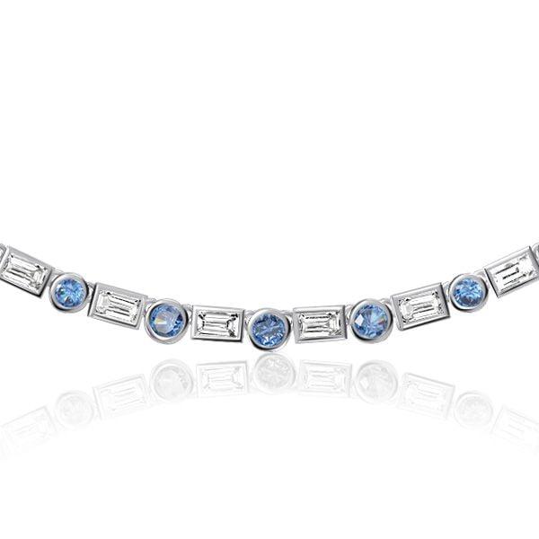 Blue Topaz Baguette and Round Cut Bezel Set Necklace in Rhodium-Plated Sterling Silver