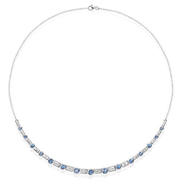 Blue Topaz Baguette and Round Cut Bezel Set Necklace in Rhodium-Plated Sterling Silver