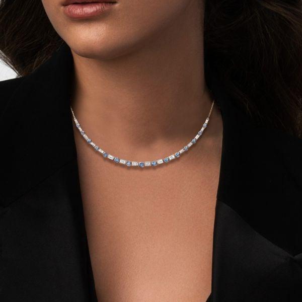 Blue Topaz Baguette and Round Cut Bezel Set Necklace in Rhodium-Plated Sterling Silver