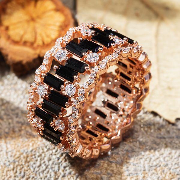 Baguette Cut Black Eternity Wedding Band in Rose Gold Plated Sterling Silver for Women