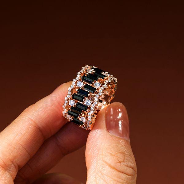 Baguette Cut Black Eternity Wedding Band in Rose Gold Plated Sterling Silver for Women