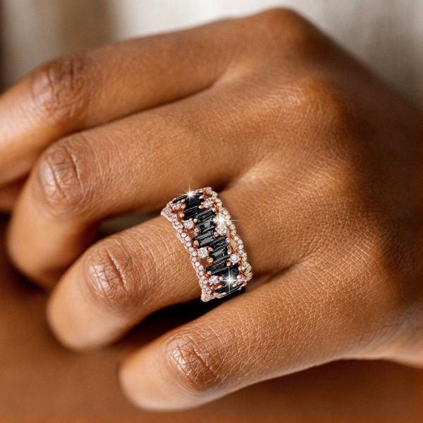 Baguette Cut Black Eternity Wedding Band in Rose Gold Plated Sterling Silver for Women