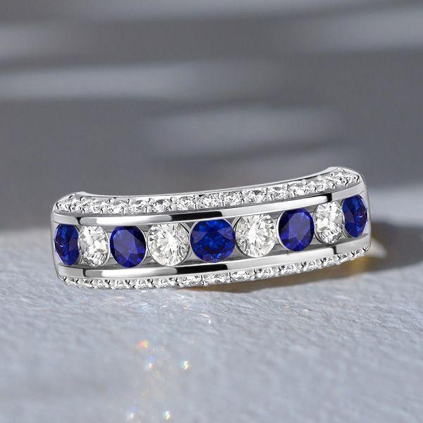 Blue & White Sapphire Sterling Silver Half Eternity Band Ring