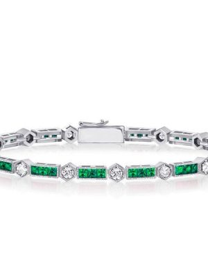 Emerald Tennis Bracelet for Women - Sterling Silver Alternating Triple Stone Design