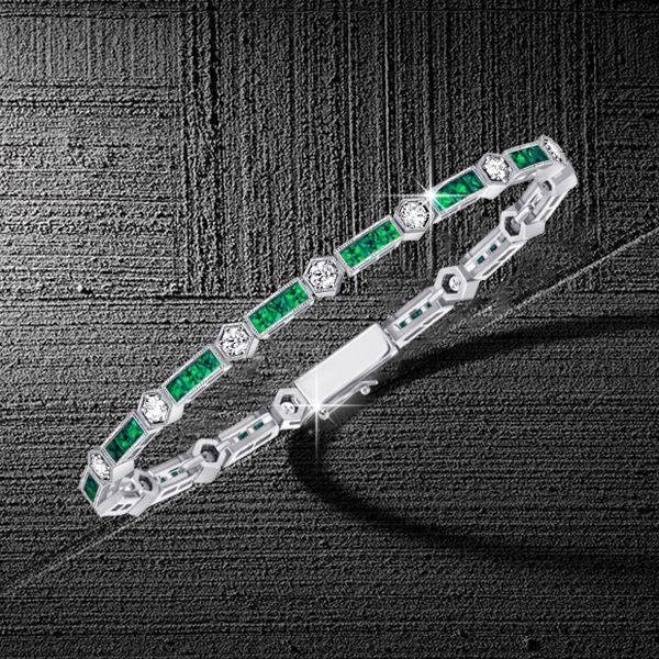 Emerald Tennis Bracelet for Women - Sterling Silver Alternating Triple Stone Design