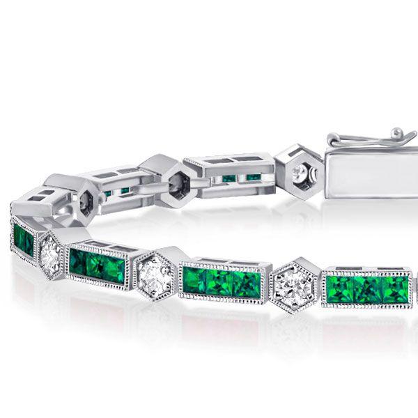 Emerald Tennis Bracelet for Women - Sterling Silver Alternating Triple Stone Design