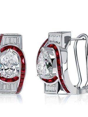 Art Deco Pear Ruby Sterling Silver Hoop Earrings - Omega Back