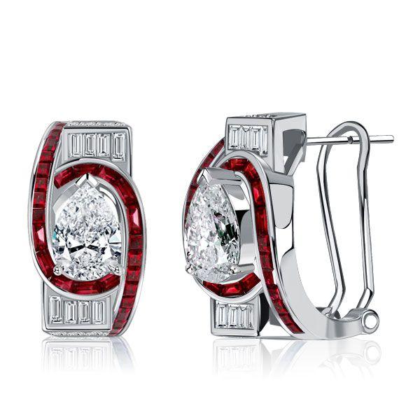 Art Deco Pear Ruby Sterling Silver Hoop Earrings - Omega Back