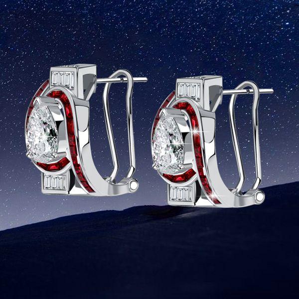 Art Deco Pear Ruby Sterling Silver Hoop Earrings - Omega Back