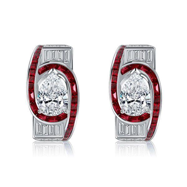 Art Deco Pear Ruby Sterling Silver Hoop Earrings - Omega Back