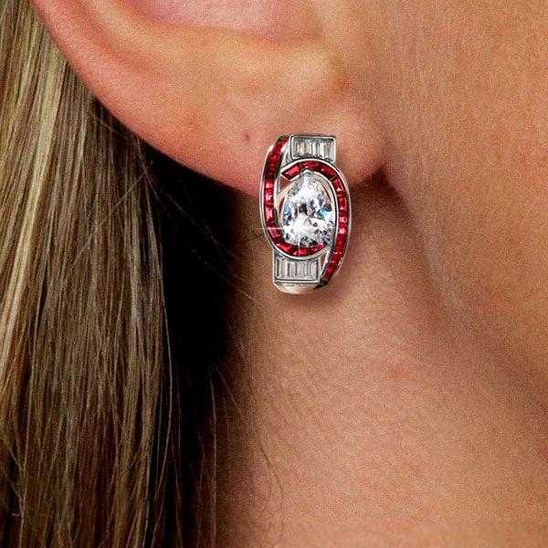 Art Deco Pear Ruby Sterling Silver Hoop Earrings - Omega Back