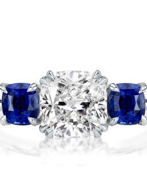 Cushion Cut Blue Topaz Three Stone Engagement Ring in Sterling Silver