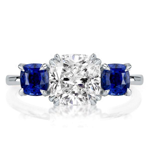 Cushion Cut Blue Topaz Three Stone Engagement Ring in Sterling Silver