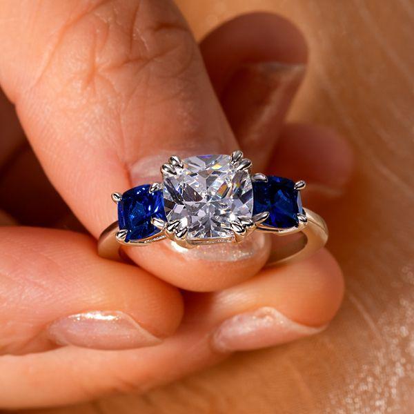 Cushion Cut Blue Topaz Three Stone Engagement Ring in Sterling Silver