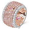 Emerald & Pear Pink Stone Micro-Pave Multi-Row Band Ring - Sterling Silver