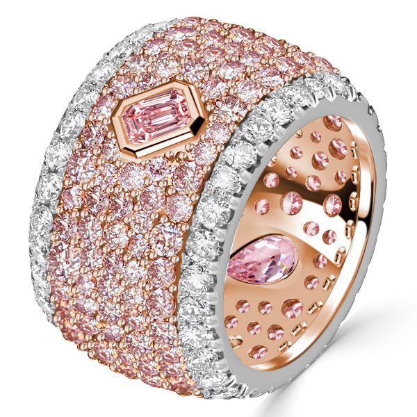 Emerald & Pear Pink Stone Micro-Pave Multi-Row Band Ring - Sterling Silver
