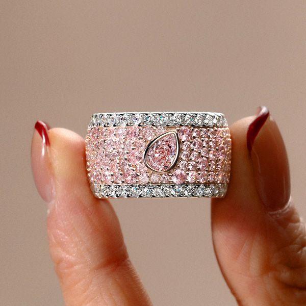 Emerald & Pear Pink Stone Micro-Pave Multi-Row Band Ring - Sterling Silver