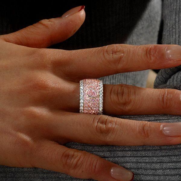 Emerald & Pear Pink Stone Micro-Pave Multi-Row Band Ring - Sterling Silver