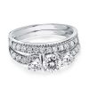 White Sapphire Bridal Ring Set - Sterling Silver Three Stone Engagement Band