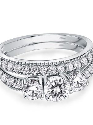 White Sapphire Bridal Ring Set - Sterling Silver Three Stone Engagement Band